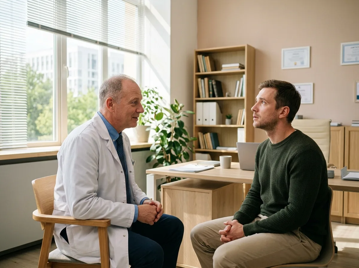Врач-нарколог на приёме разговаривает с пациентом в светлом медицинском кабинете