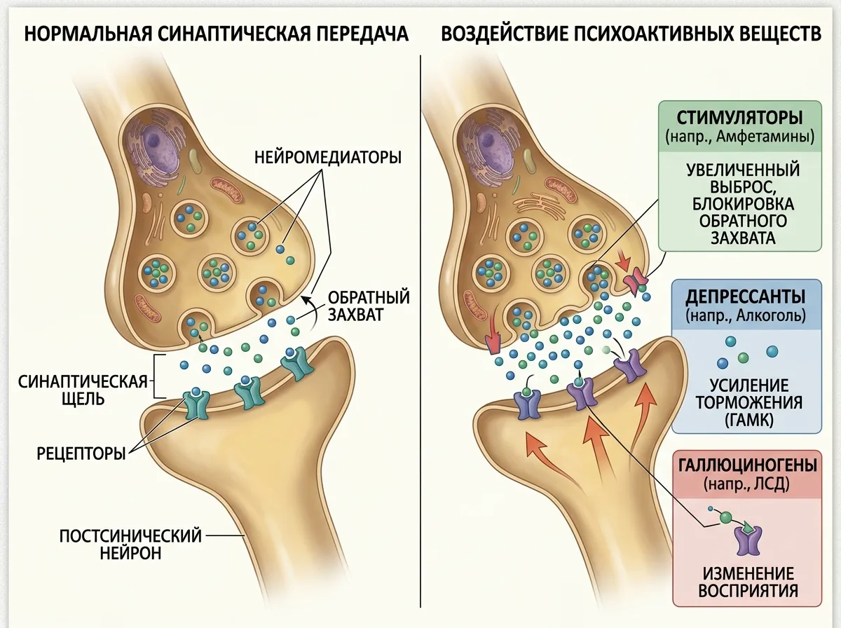 Схема воздействия психоактивных веществ на нейронные связи головного мозга — иллюстрация для медицинского журнала